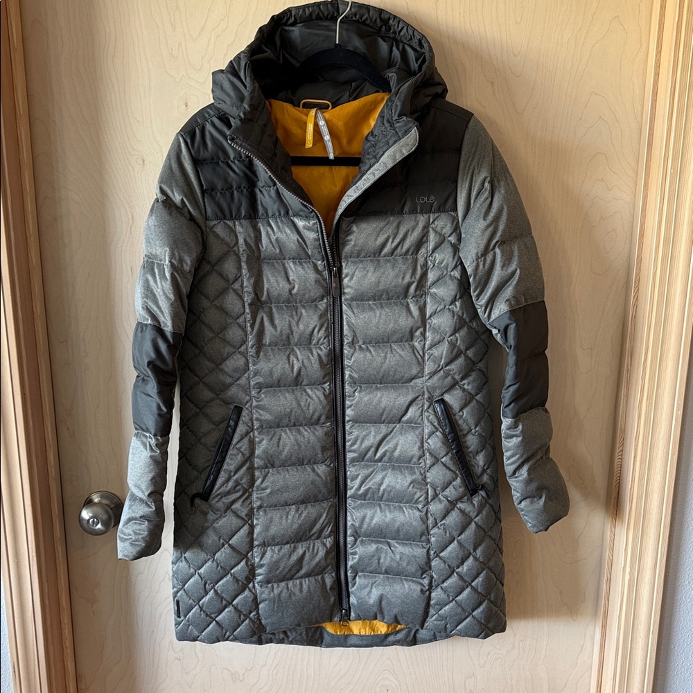 Lole Charcoal Quilted Duck Down Hooded Jacket with Yellow Lining